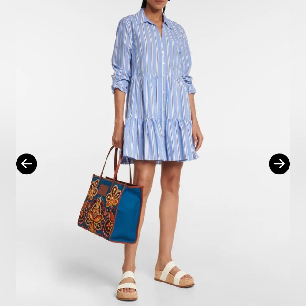 Veronica Beard Atari Striped Cotton Shirt Dress Blue White Size 14 Ruffle Mini
